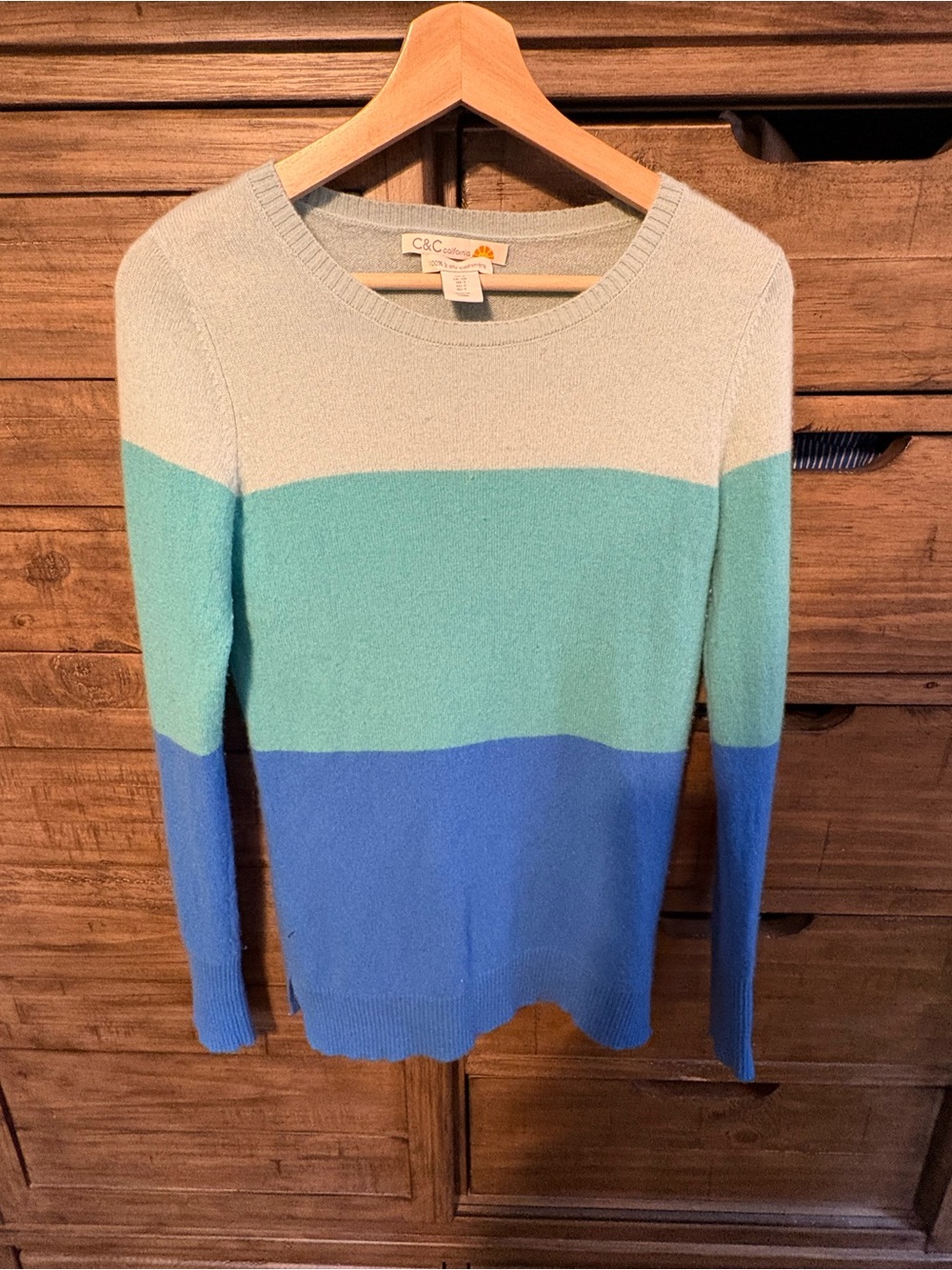 C&C California 100% 2-Ply Cashmere Colorblock Sweater Blue Aqua Gray S - Picture 2 of 4